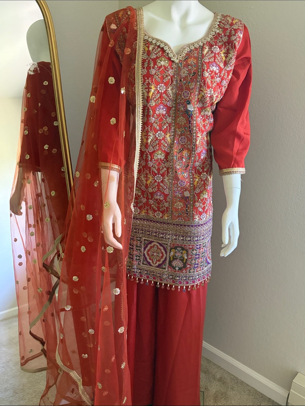 Brand new Red Embroidered Indian unit Kameez Set with Gold Accents